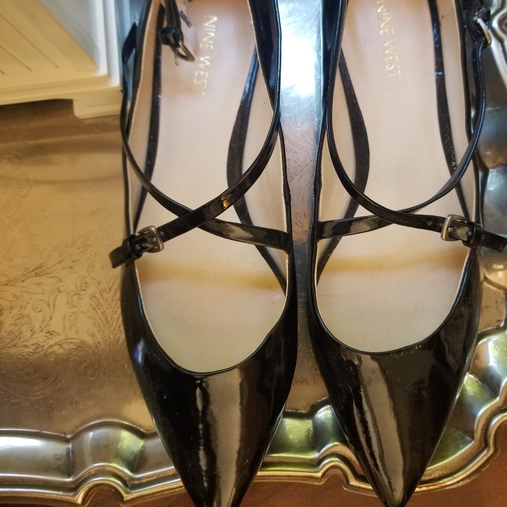 Nine West Black patent leather 1/2" heel with criss-cross straps